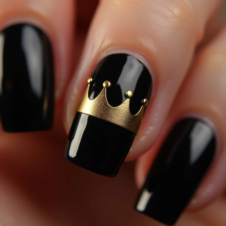Unhas pretas com coroas douradas sofisticadas