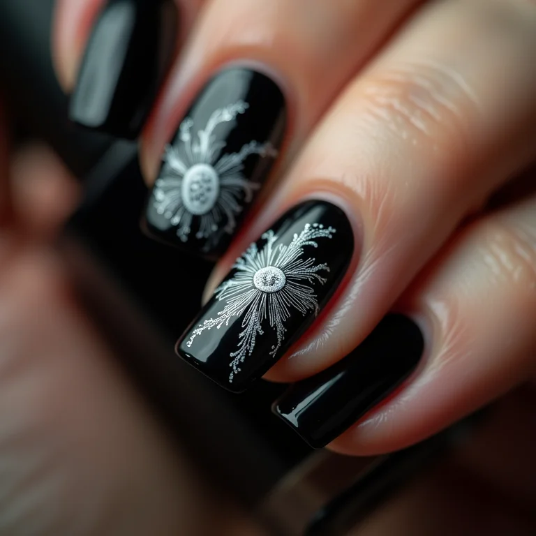 Unhas pretas com desenhos à mão livre em branco