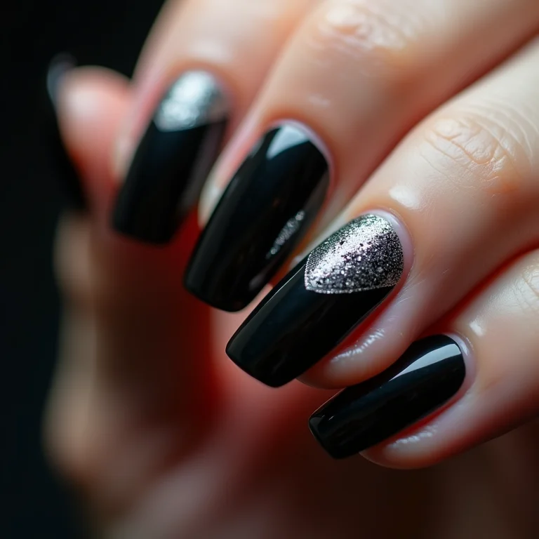 Unhas pretas com desenhos geométricos prateados