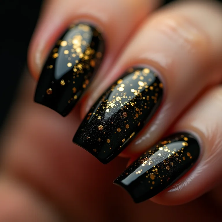 Unhas pretas com detalhes dourados em close-up