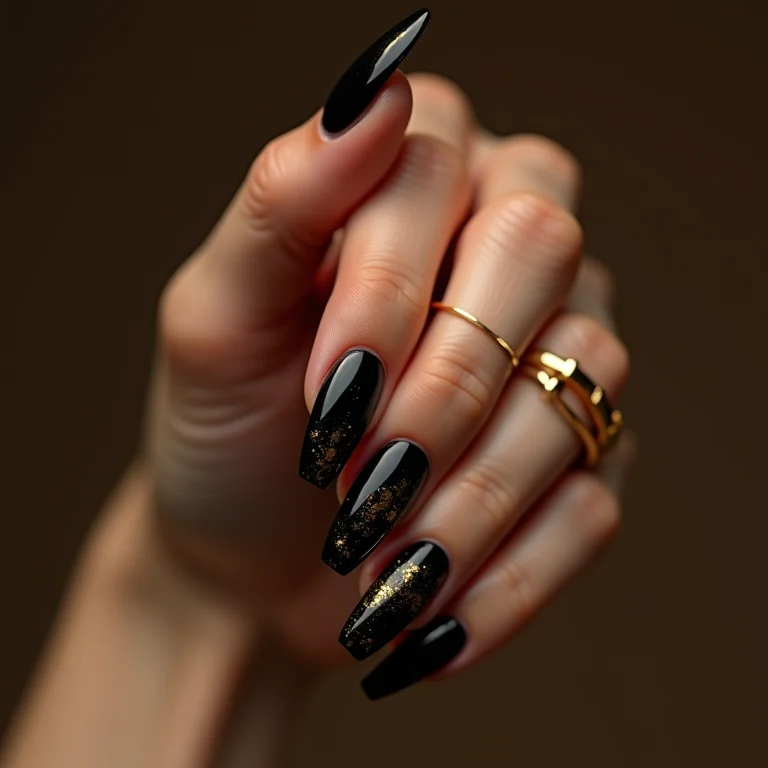 Unhas pretas com detalhes em folha de ouro.