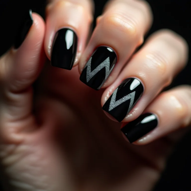 Unhas pretas com detalhes geométricos minimalistas