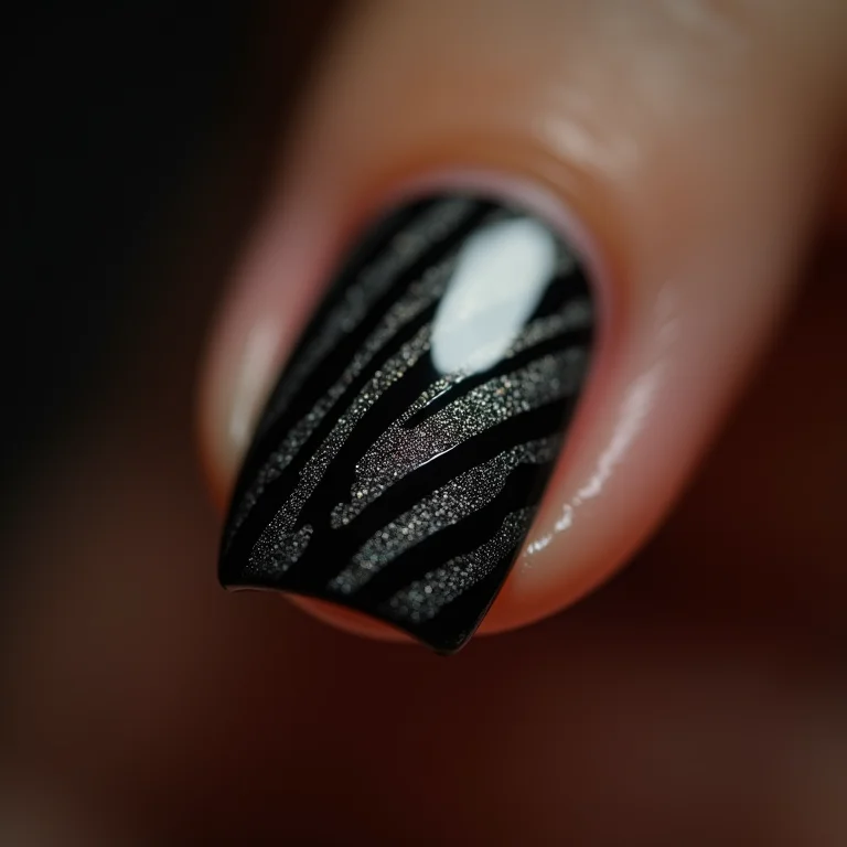 Unhas pretas com estampa de zebra em close
