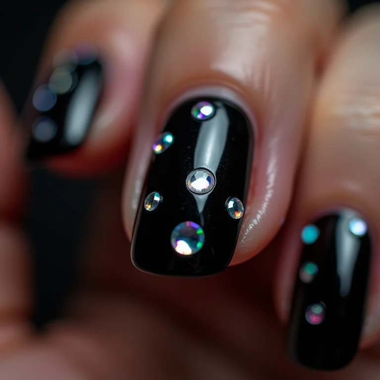 Unhas pretas com pedrarias brilhantes em macro