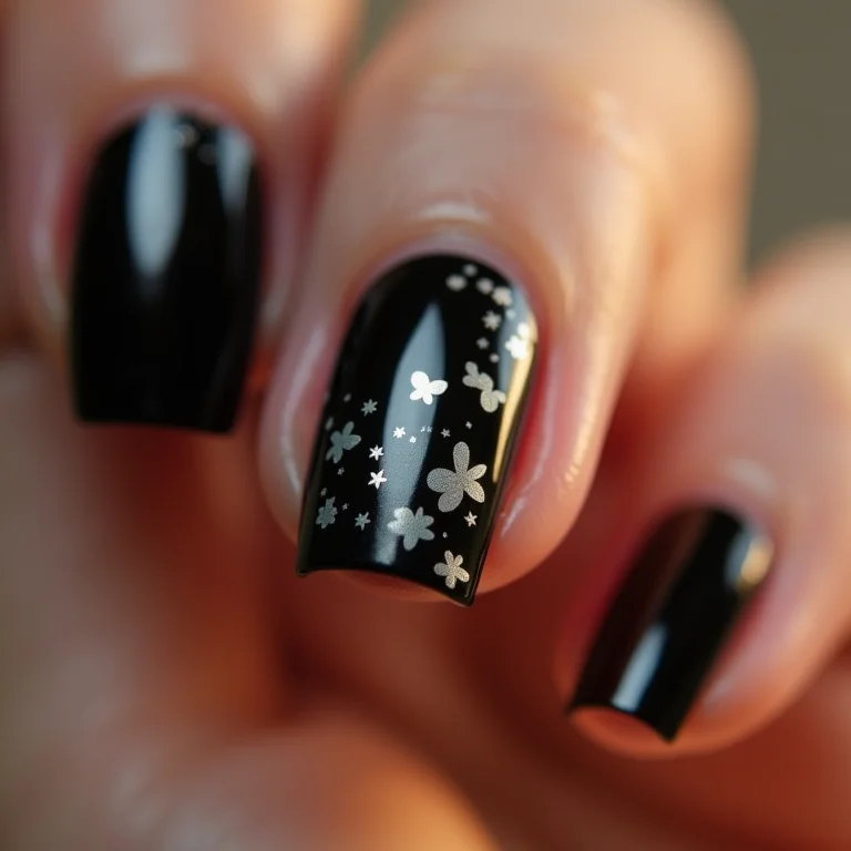 Unhas pretas decoradas com adesivos minimalistas