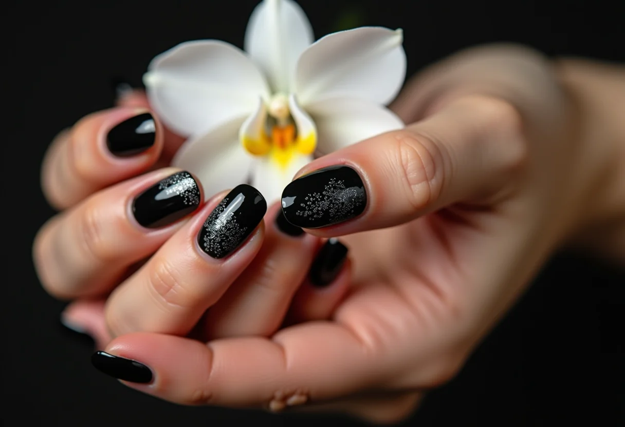 Unhas pretas decoradas com glitter e orquídea branca