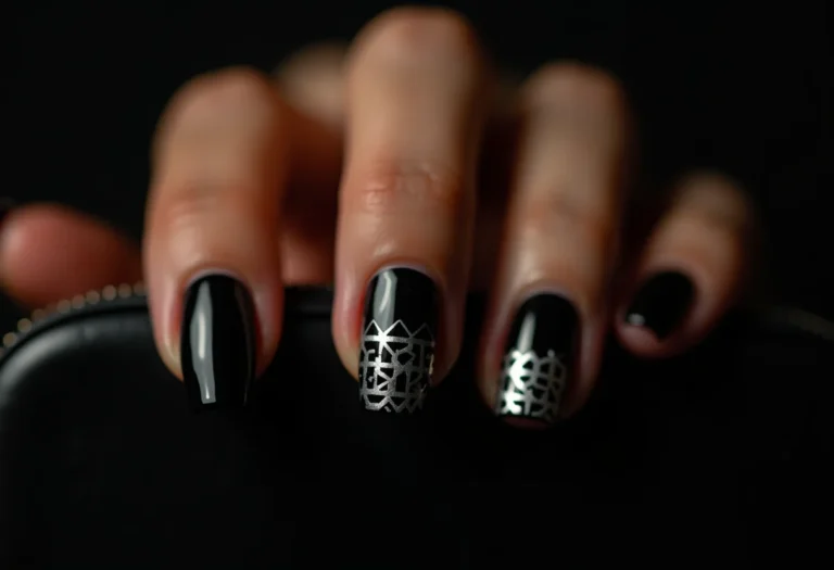 Unhas pretas decoradas segurando clutch preta