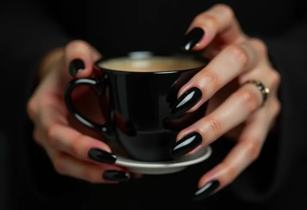 Unhas pretas decoradas segurando xícara.