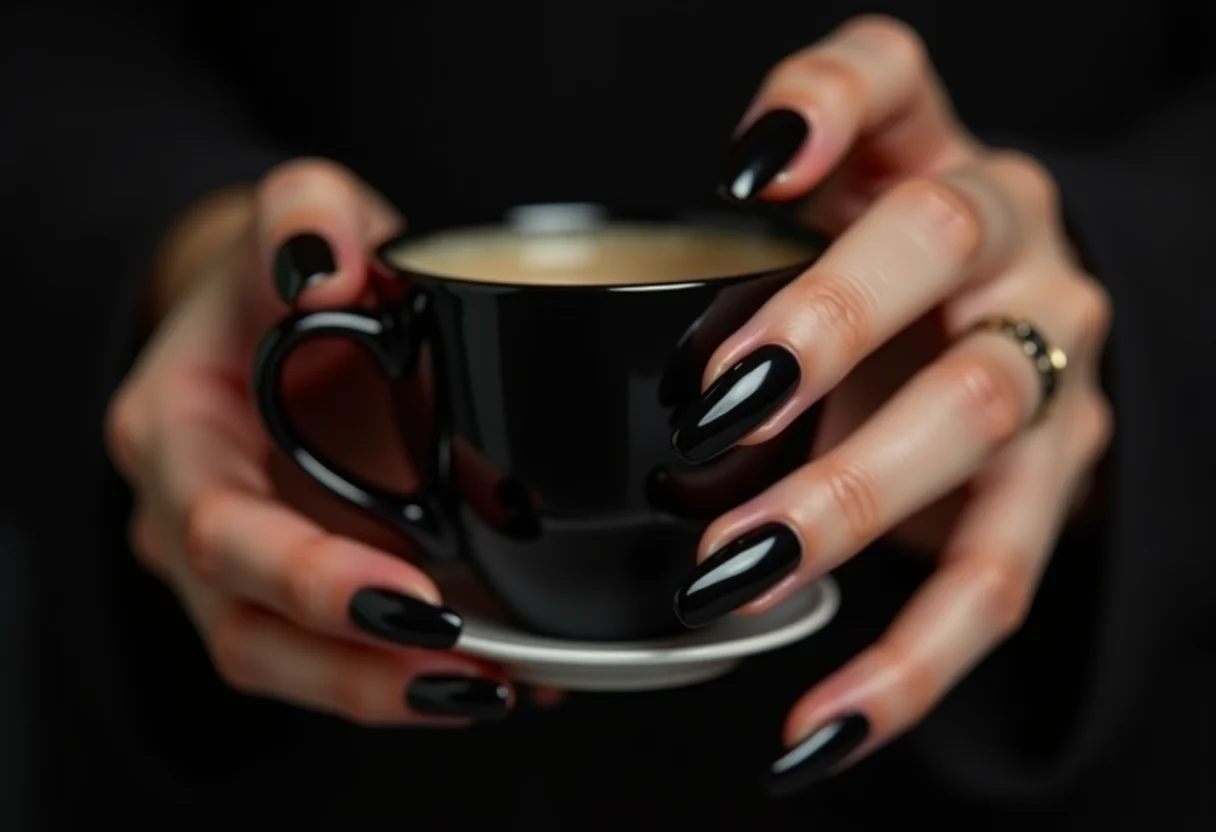 Unhas pretas decoradas segurando xícara.