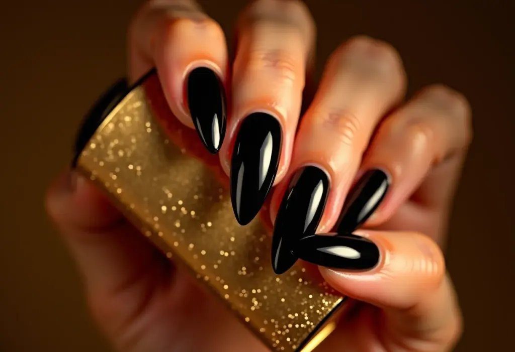 Unhas Decoradas com Preto: 5 Ideias Elegantes (e fáceis!) Unhas pretas elegantes segurando clutch dourada