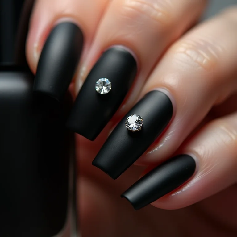 Unhas pretas foscas com cristais brilhantes