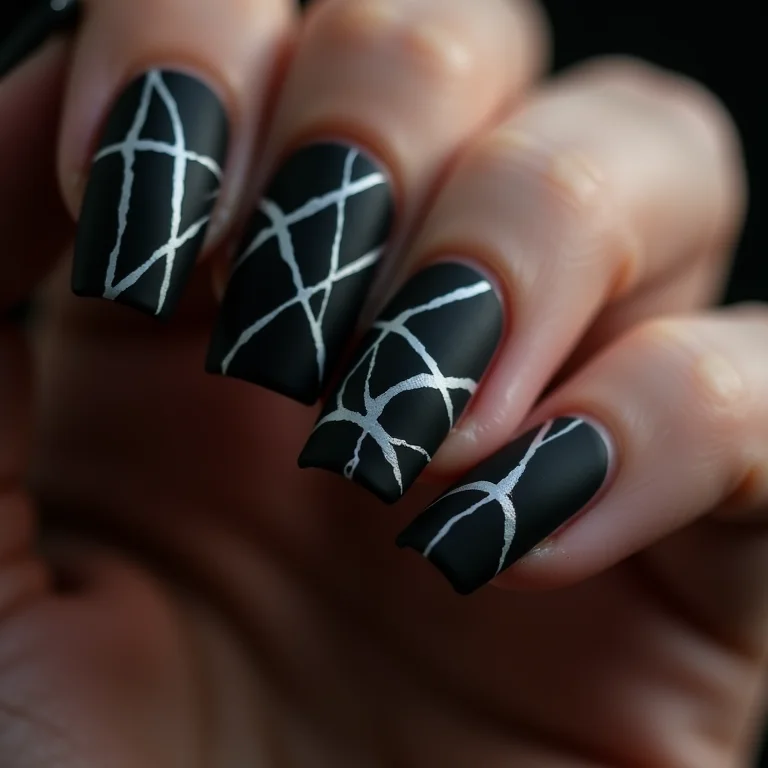 Unhas pretas foscas com geometria branca