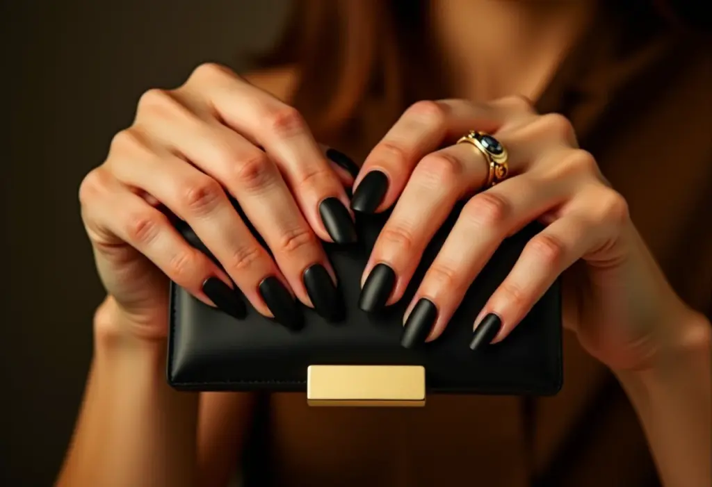 Esmalte preto fosco: o segredo para unhas impecáveis e modernas Unhas pretas foscas segurando clutch dourada