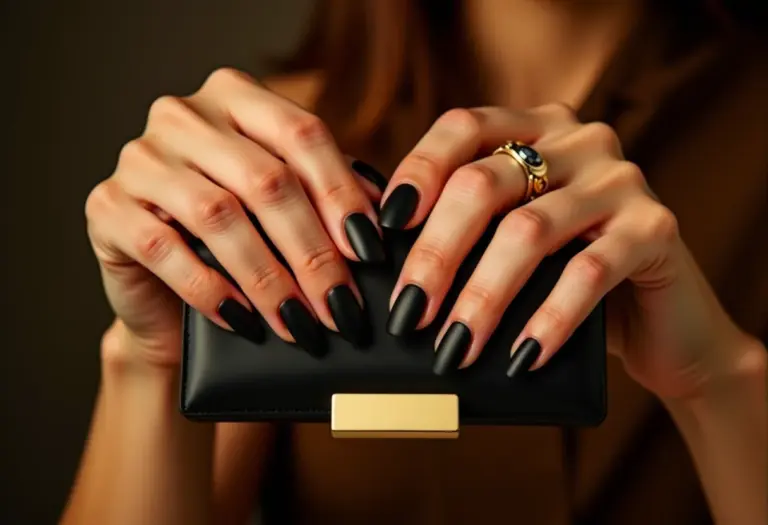 Unhas pretas foscas segurando clutch dourada
