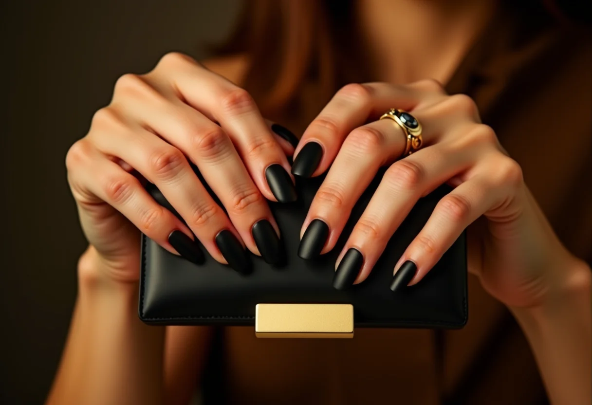 Unhas pretas foscas segurando clutch dourada