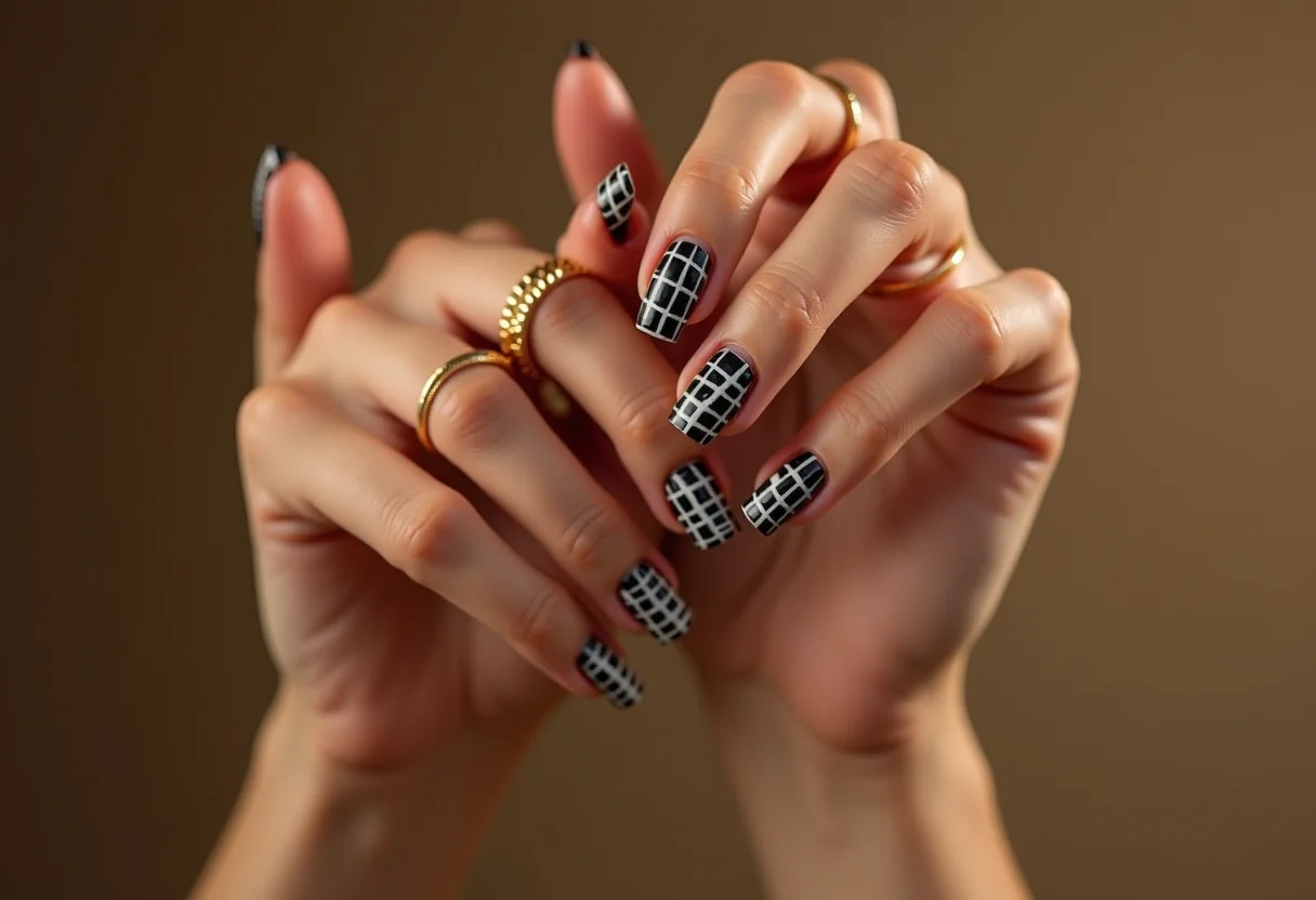 Unhas quadradas decoradas com padrão de quadrados preto e branco