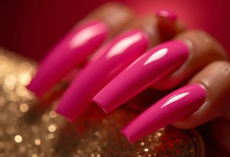 Unhas quadradas magenta com efeito cromado segurando clutch dourada