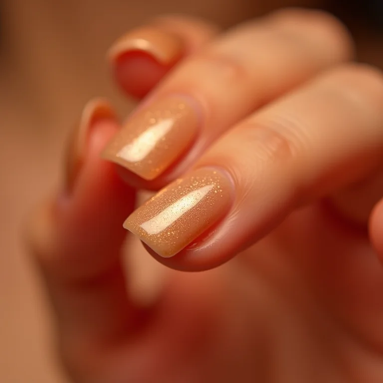 Unhas quadradas nude com flocos dourados
