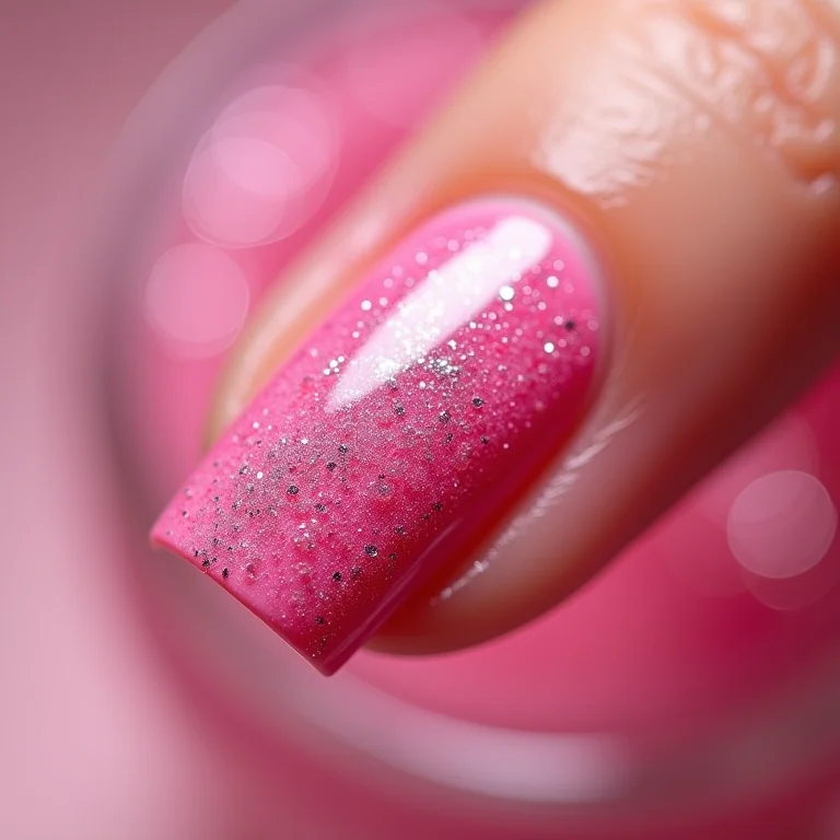 Unhas rosa chiclete com glitter prata.