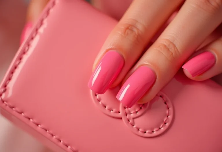 Unhas rosa chiclete segurando clutch Chanel rosa.