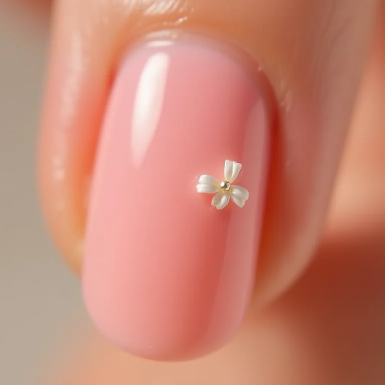 Unhas rosa claro com filha única decorada com flores brancas.