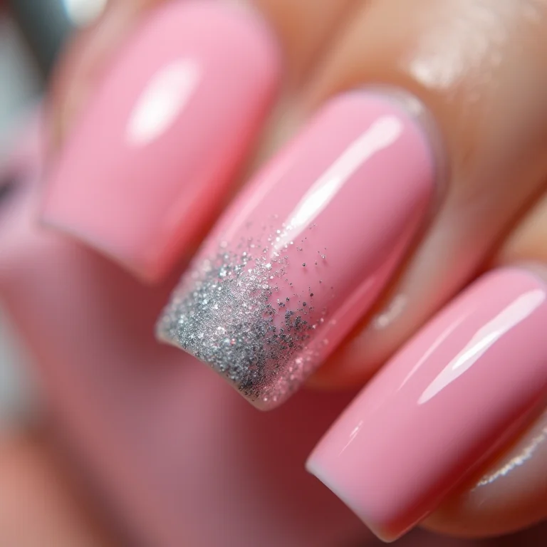 Unhas rosa claro com glitter prateado degradê.