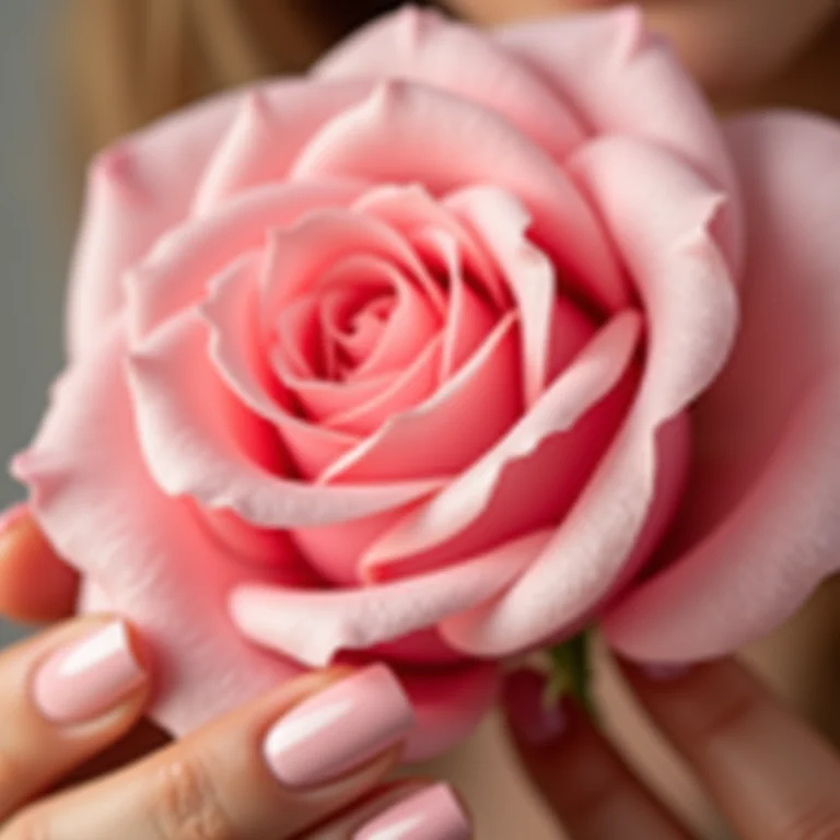 Unhas rosa claro segurando uma rosa cor de rosa