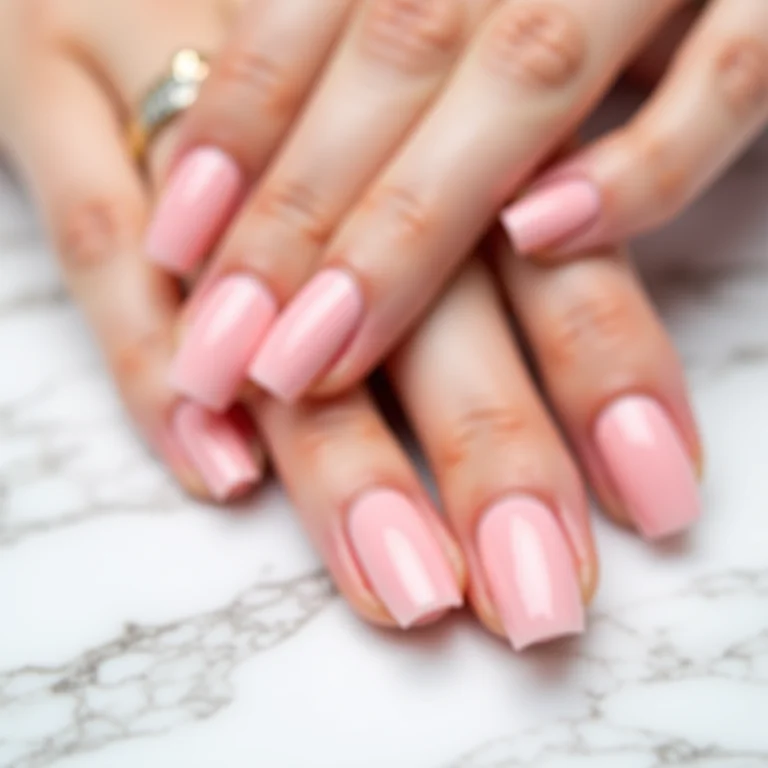 Unhas rosa claro sobre mármore branco