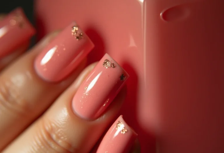 Unhas rosa com glitter dourado segurando frasco de perfume Chanel