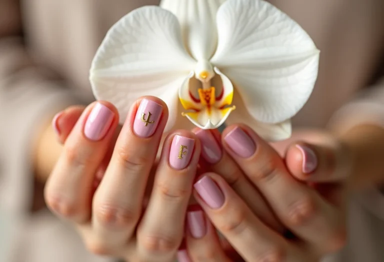 Unhas rosa delicadas com iniciais douradas segurando orquídea branca