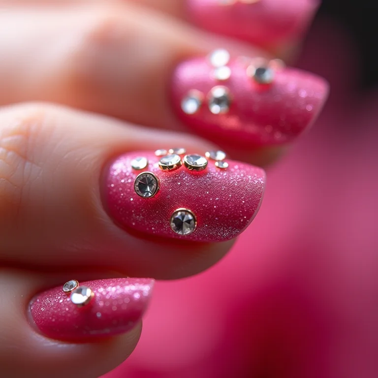 Unhas rosa exageradas com strass e pingentes