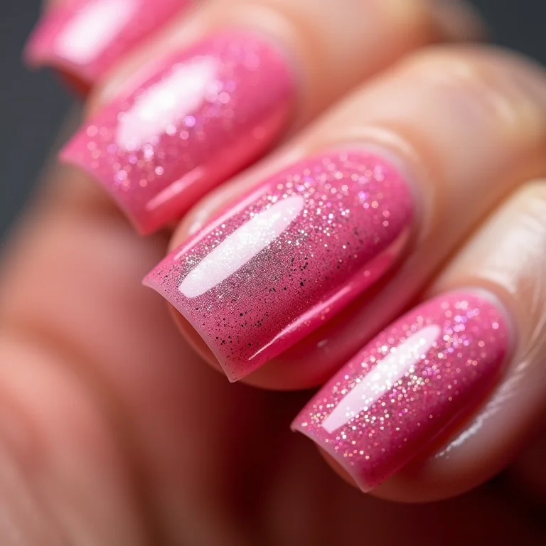 Unhas rosa pink com muito glitter iridescente.