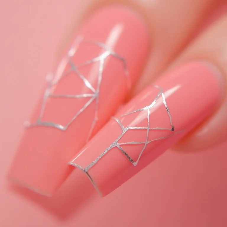 Unhas rosadas com detalhes geométricos