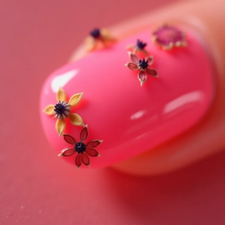 Unhas rosadas com flores secas