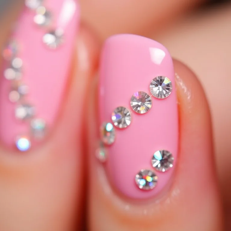 Unhas rosadas com pedrarias