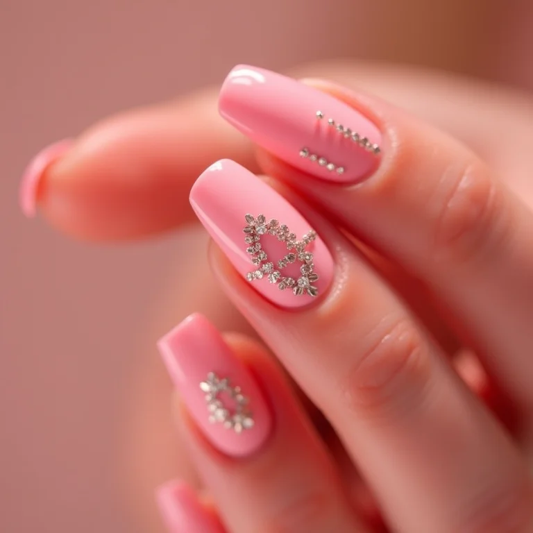 Unhas rosas com desenhos geométricos