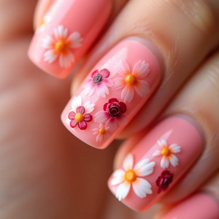 Unhas rosas com detalhes florais delicados