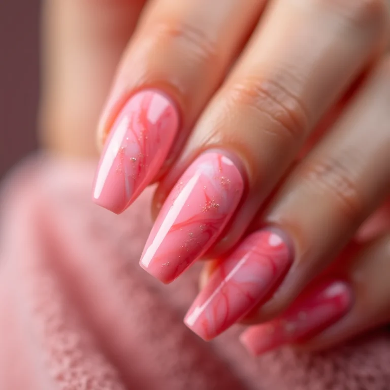 Unhas rosas com efeito marmorizado