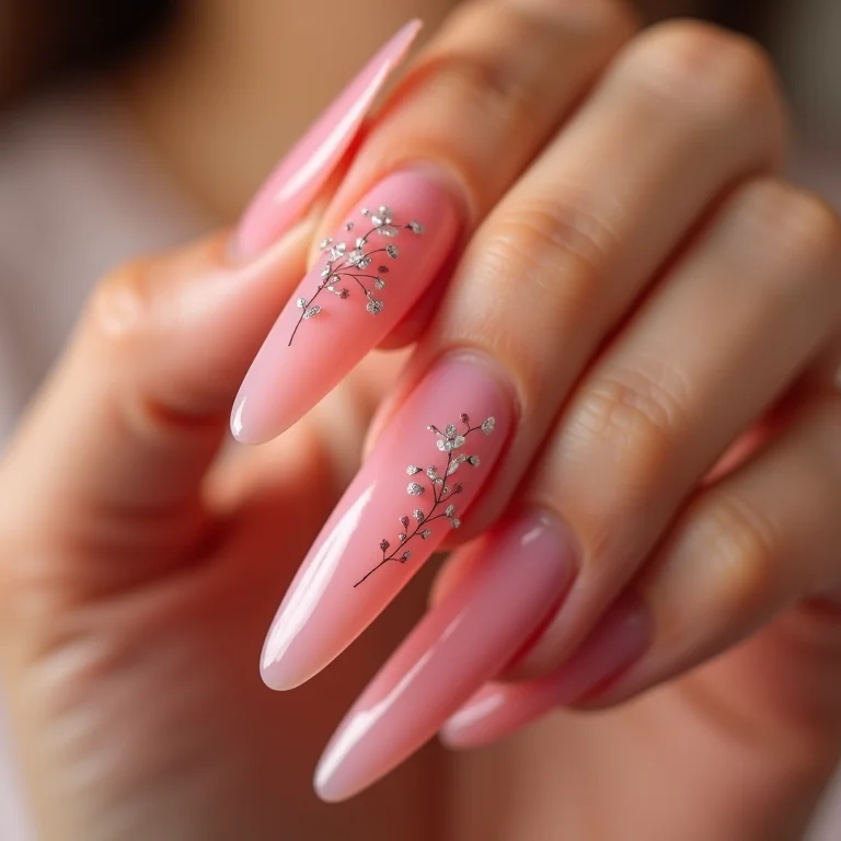 Unhas rosas com pequenas flores delicadas