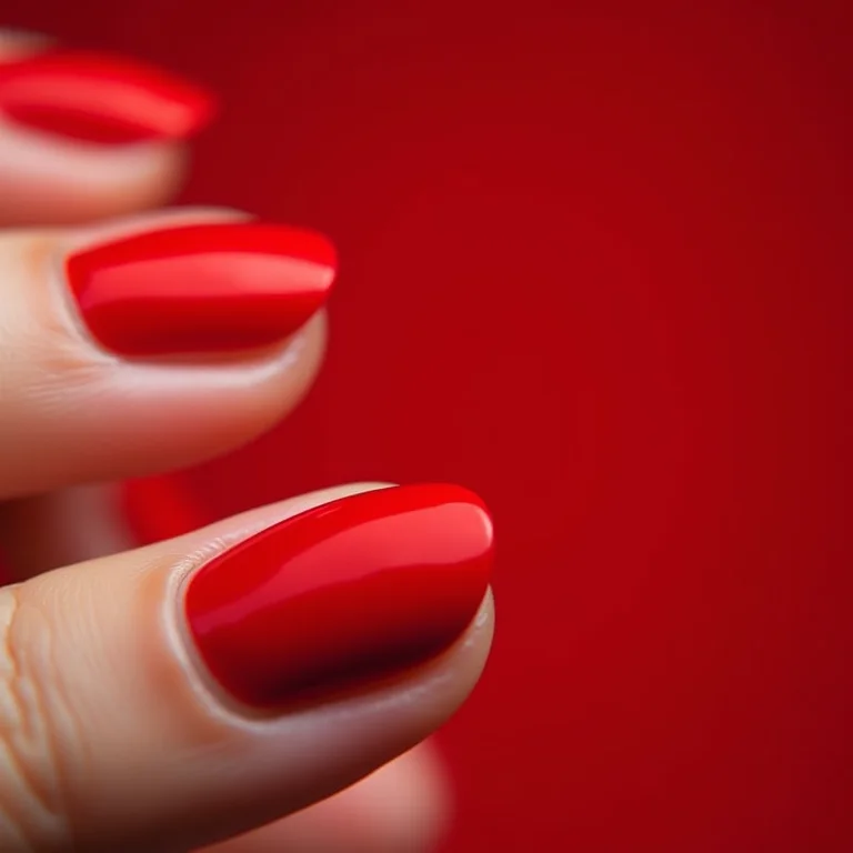 Unhas segurando frascos de esmaltes vermelhos.