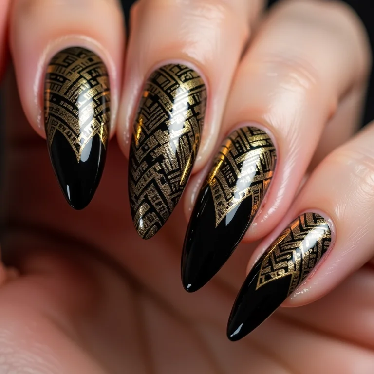 Unhas stiletto decoradas com folha de ouro e padrões geométricos