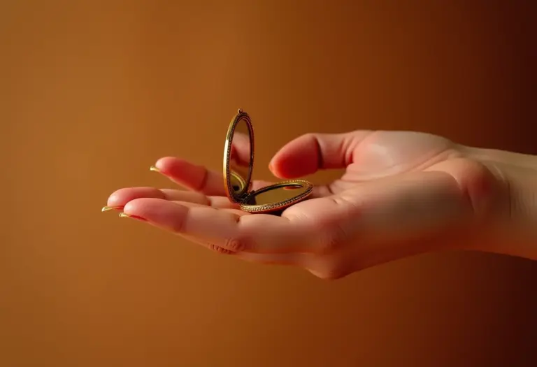 Unhas stiletto douradas com espelho compacto dourado