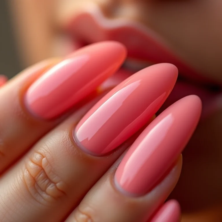 Unhas stiletto rosa bebê em close extremo