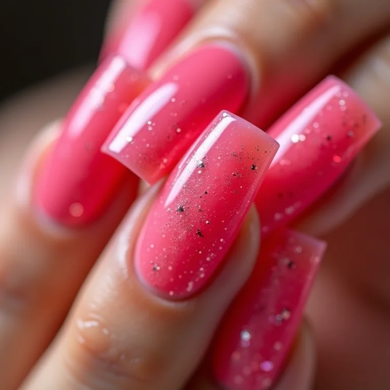Unhas stiletto rosa com glitter em fotografia macro