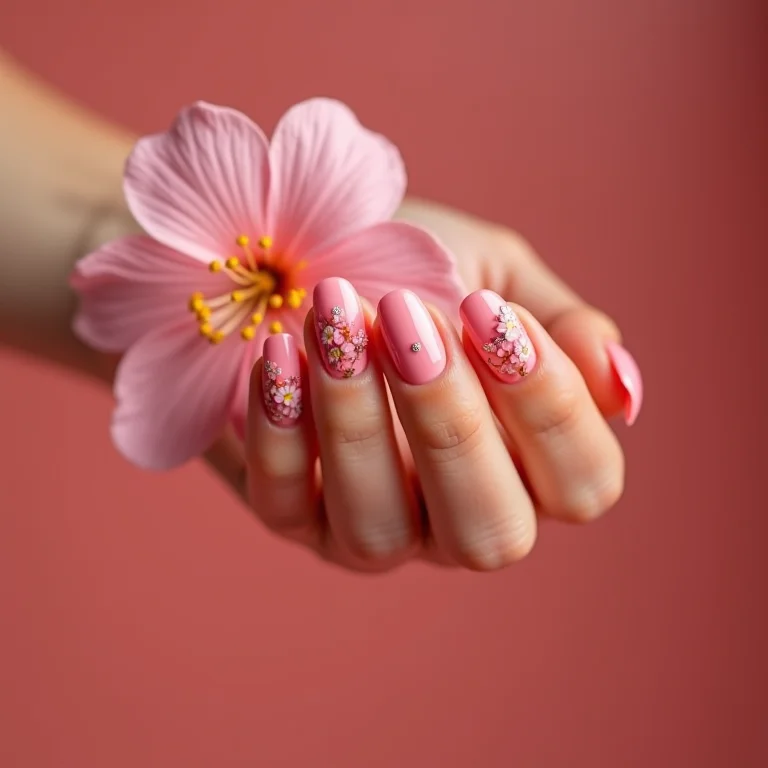 Unhas stiletto rosa decoradas com flores