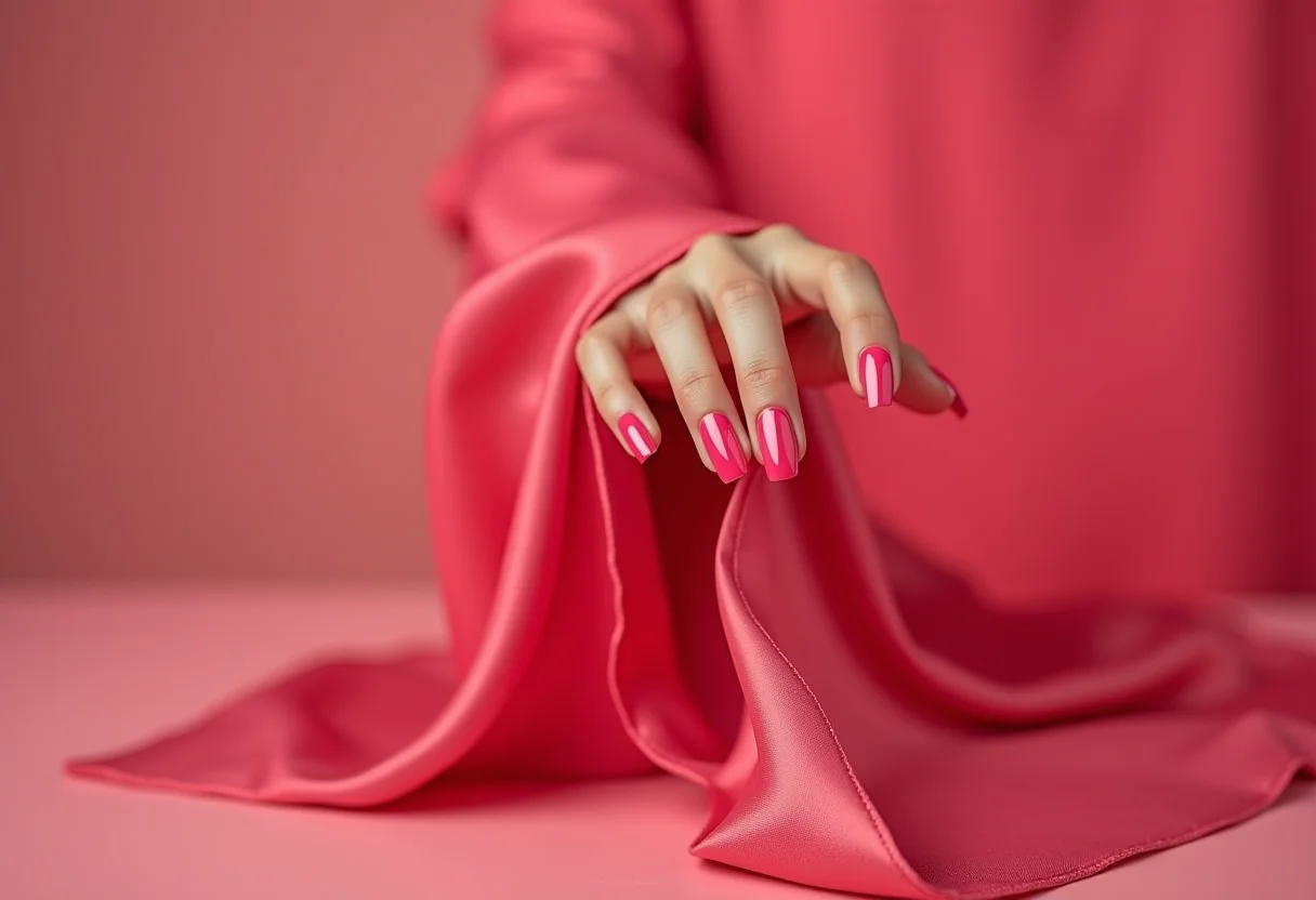 Unhas stiletto rosa segurando lenço de seda