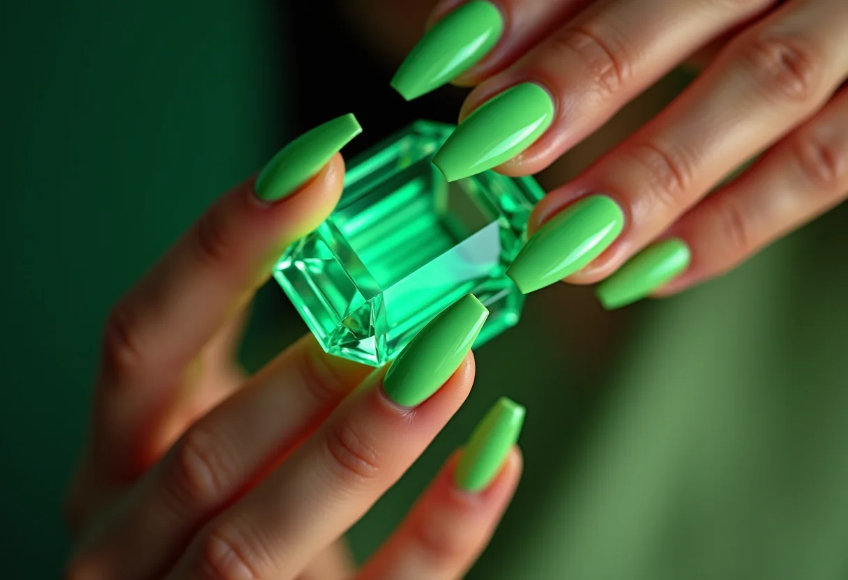 Unhas stiletto verde neon tocando esmeralda translúcida