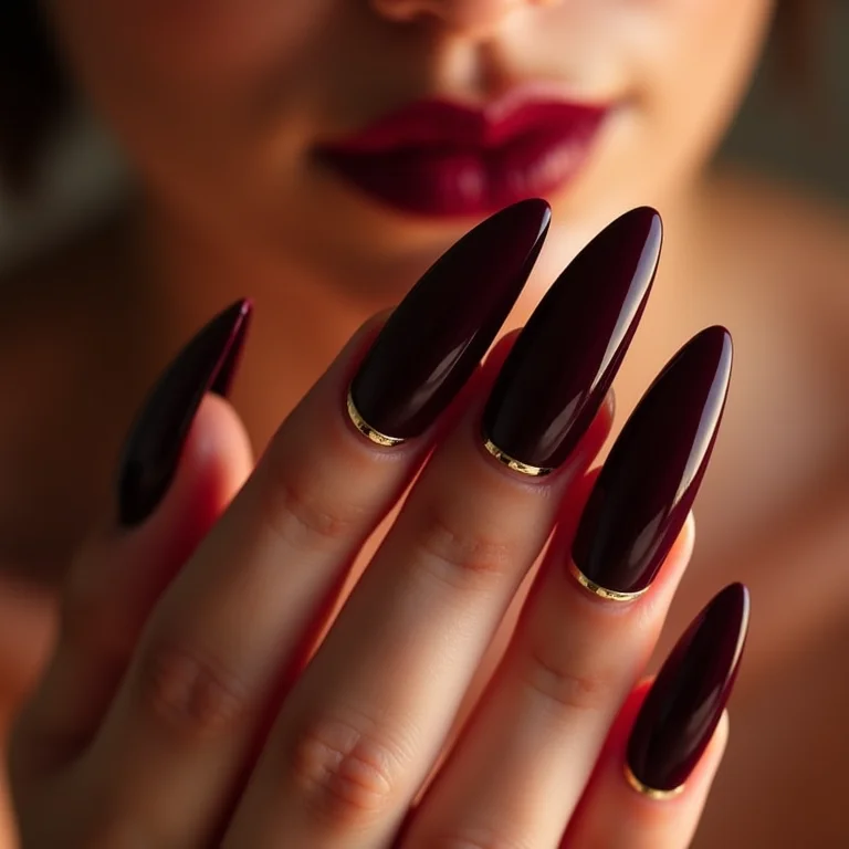 Unhas stiletto vinho com detalhes em dourado