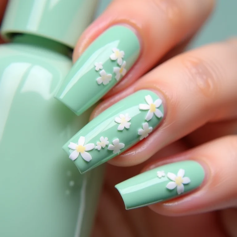 Unhas verde água com flores delicadas