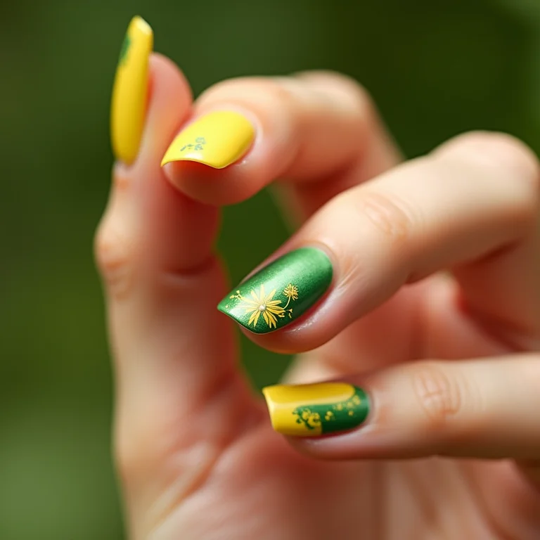 Unhas verde e amarelo com filha única decorada para a Copa.